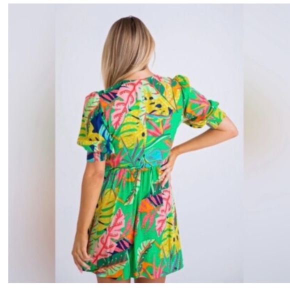 KARLIE Tropical Green Floral MINI  Dress PUFF Sleeves size M - Picture 2 of 11